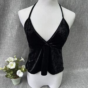 Don't Ask Why Black Crushed Velvet Halter Top One Sz O/S Tie Back Made In Italy